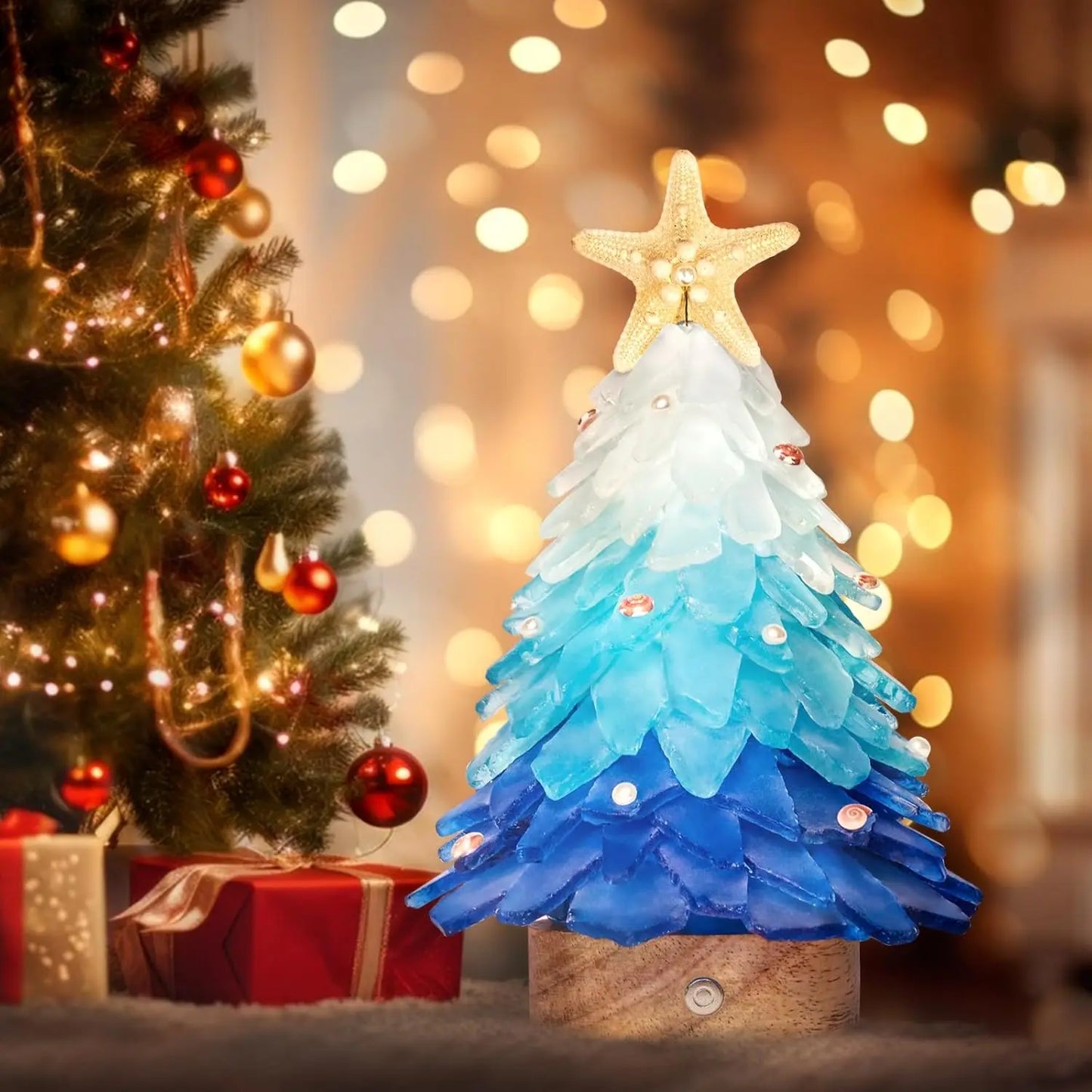 Handcrafted Mini Sea Glass Christmas Tree with LED Lights Small Sea Glass Tree for Christmas Party Table Decoration Ornament