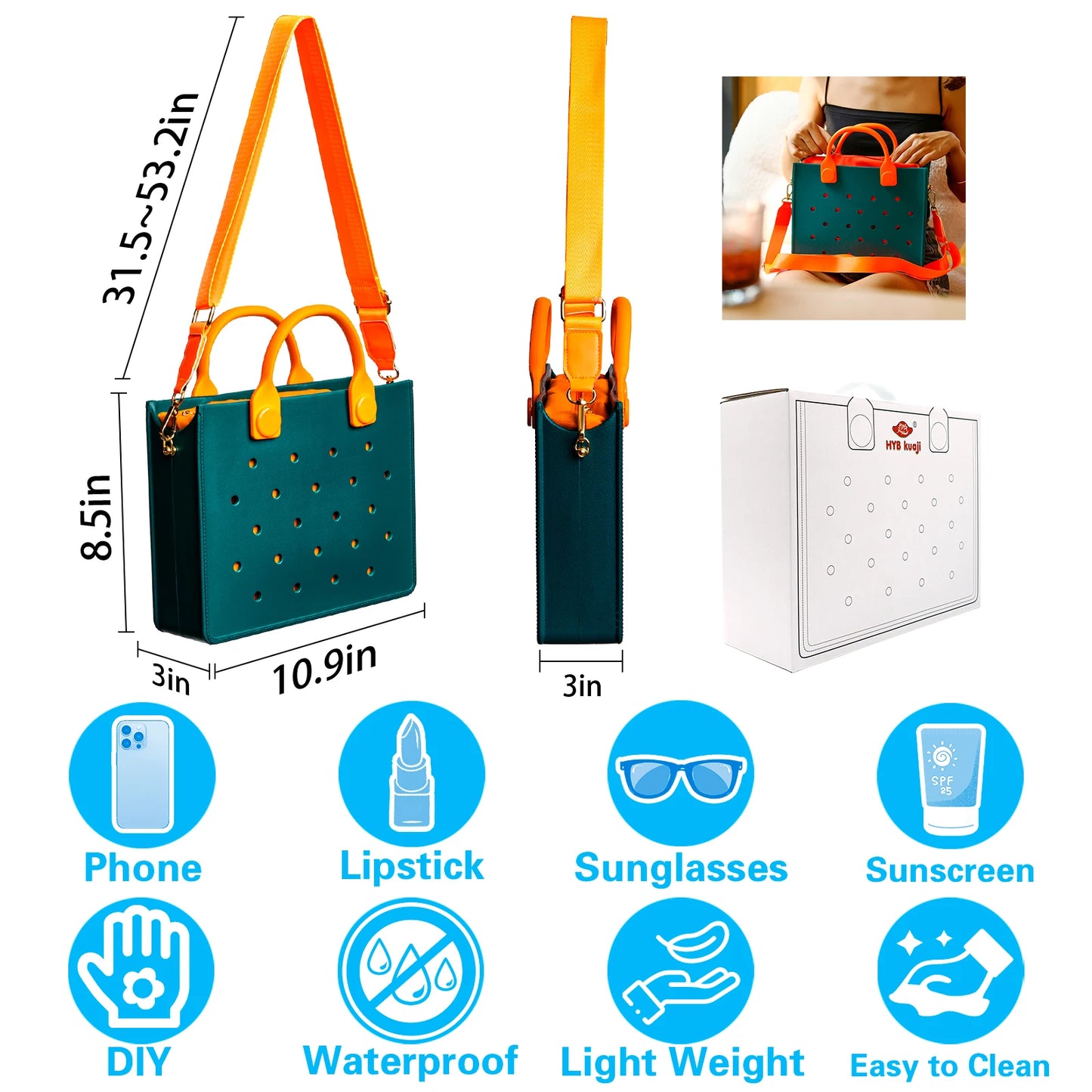 Women's Lightweight EVA Tote Bag Open Closure Waterproof Beach Daily Handbag Featuring Handle Shoulder Strap Clog Shoe Charm
