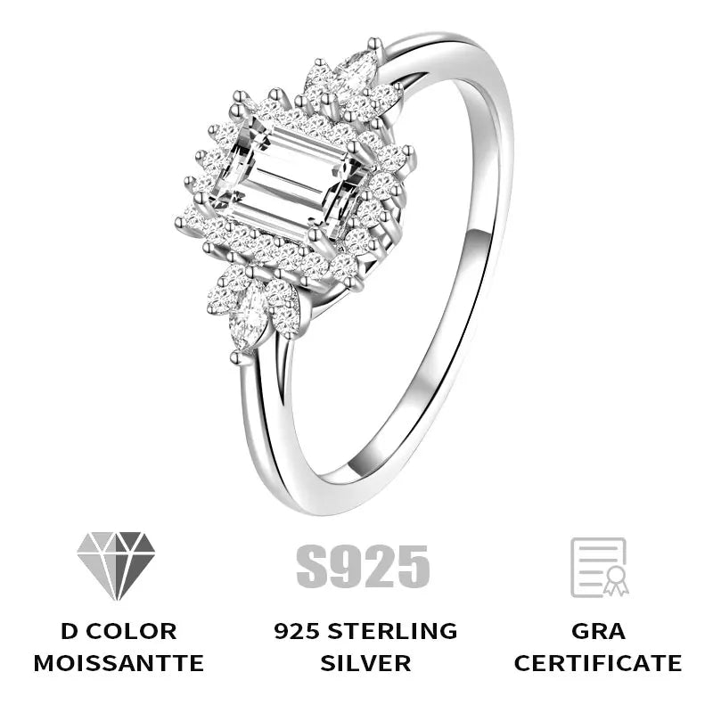 NO TARIFF Fine Jewelry Emerald Cut VVS Moissanite Band 925 Sterling Silver Flower Engagement Ring Women's Wedding Promise Ring