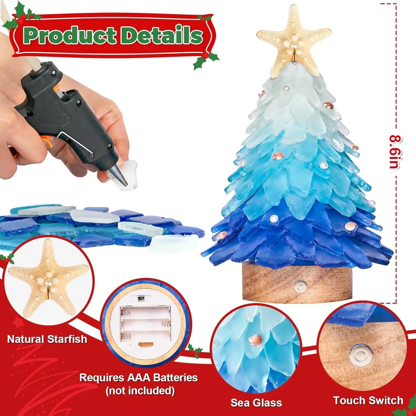 Handcrafted Mini Sea Glass Christmas Tree with LED Lights Small Sea Glass Tree for Christmas Party Table Decoration Ornament