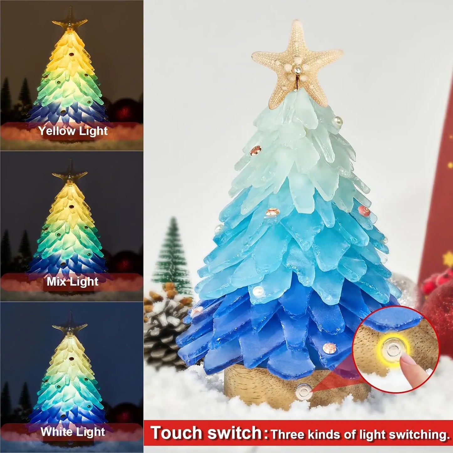 Handcrafted Mini Sea Glass Christmas Tree with LED Lights Small Sea Glass Tree for Christmas Party Table Decoration Ornament