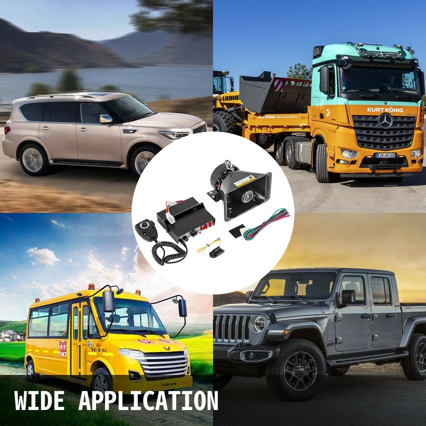 SucceBuy 100/ 200W 12V DC Car Alarm Professional PA System 8 Kinds of Warning Sounds with Handheld Mic for All Specific Vehicles