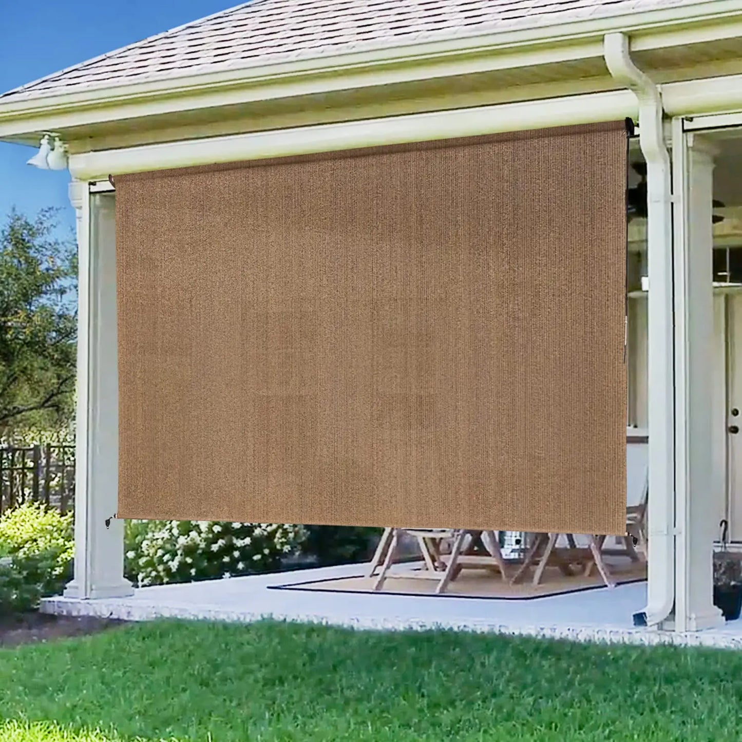 Outdoor Premium Roller Shade Privacy Screen for Porch Gazebo, Patio Cordless Blinds with Aluminum Valance (6' W X 8' L), Mocha