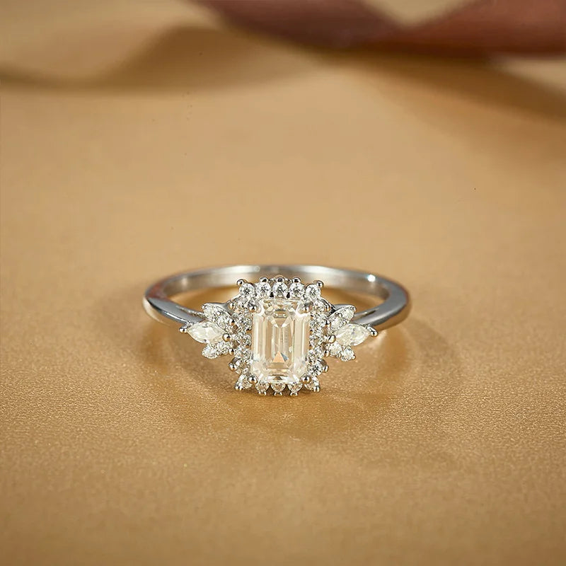NO TARIFF Fine Jewelry Emerald Cut VVS Moissanite Band 925 Sterling Silver Flower Engagement Ring Women's Wedding Promise Ring