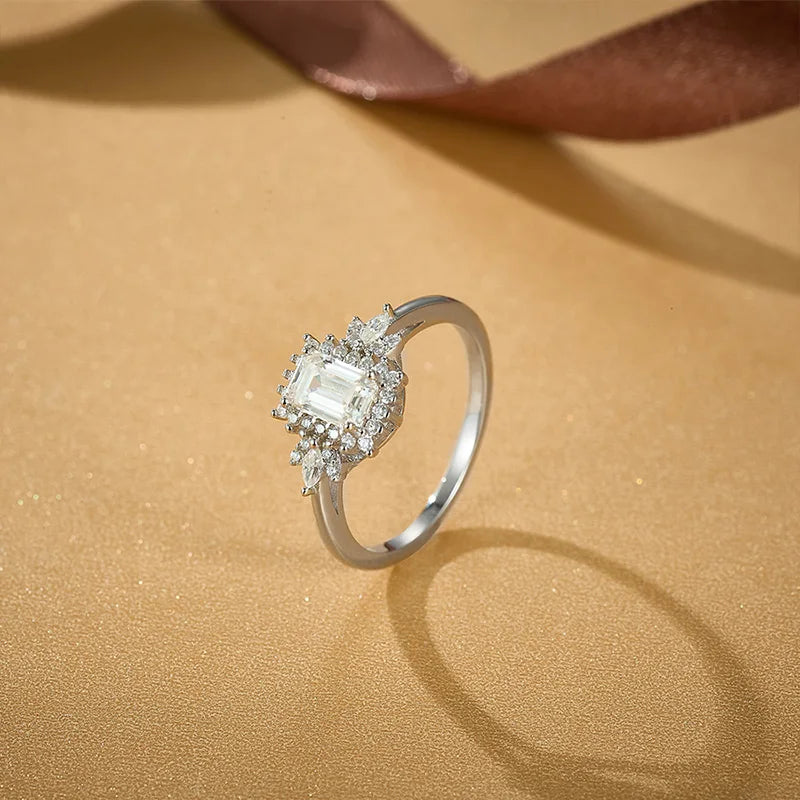 NO TARIFF Fine Jewelry Emerald Cut VVS Moissanite Band 925 Sterling Silver Flower Engagement Ring Women's Wedding Promise Ring