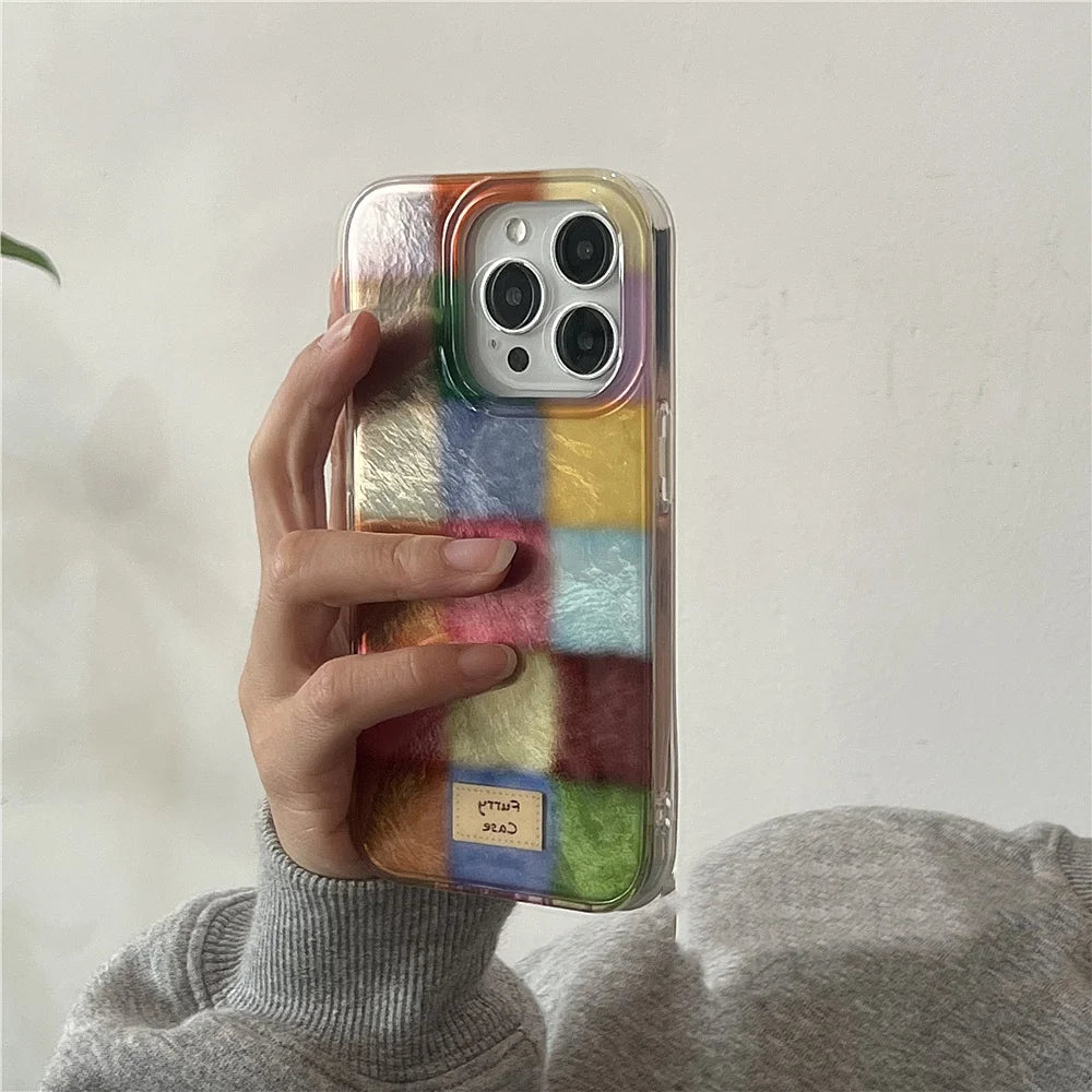 Ins Cute Dopamine Color Block Match Plaid Phone Case for Xiaomi Redmi Note 13 12 12s 11 10 9 9s 8 7 Pro Plus 4G 5G Feather Cover