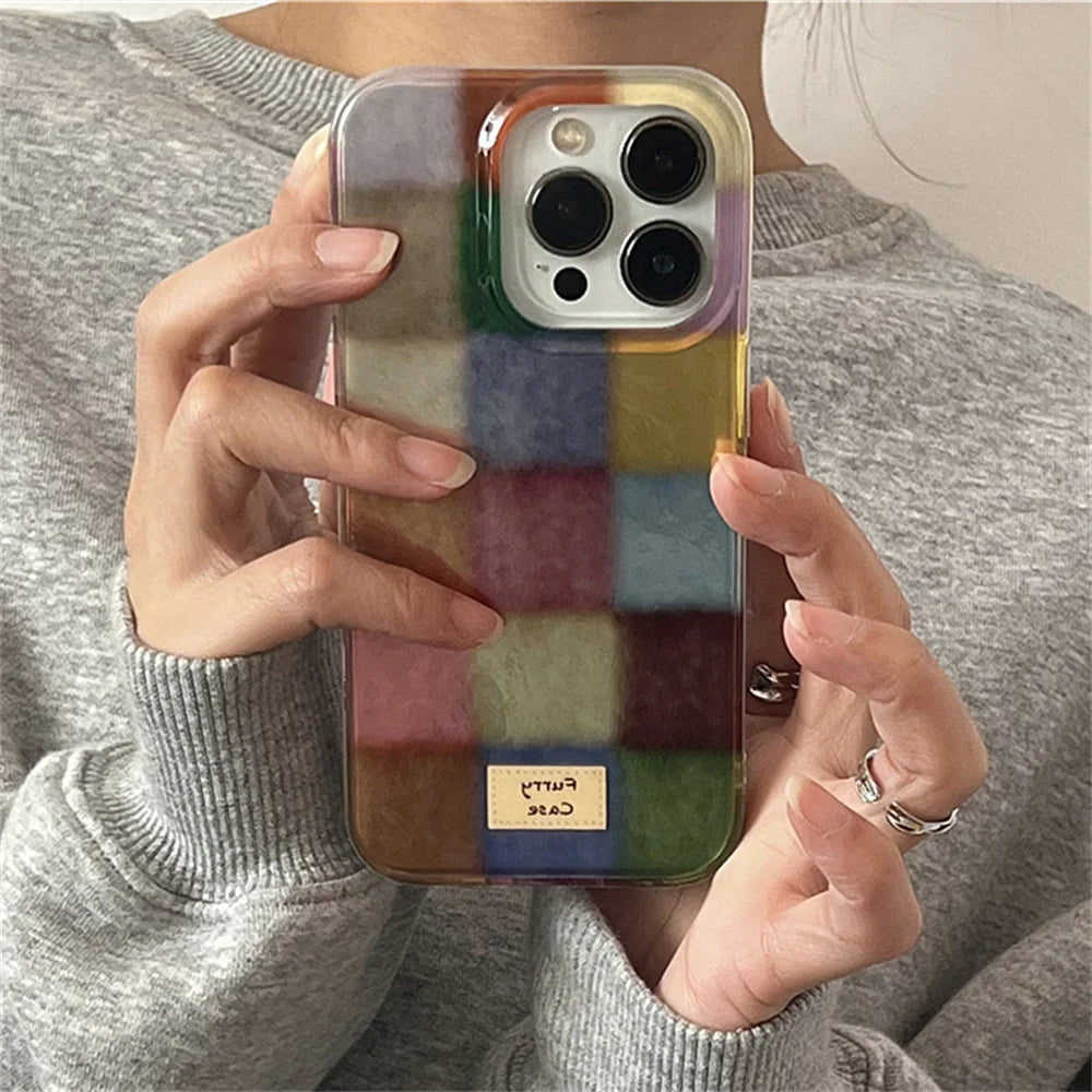 Ins Cute Dopamine Color Block Match Plaid Phone Case for Xiaomi Redmi Note 13 12 12s 11 10 9 9s 8 7 Pro Plus 4G 5G Feather Cover