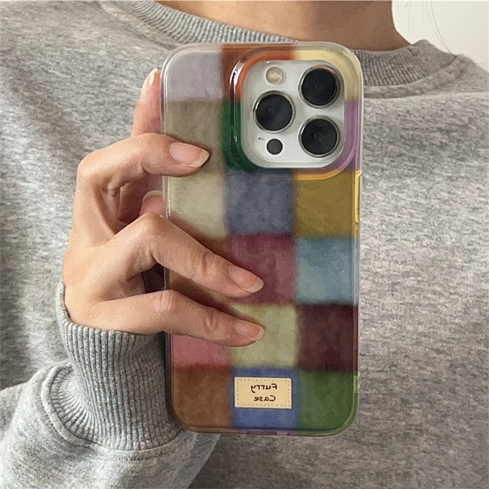 Ins Cute Dopamine Color Block Match Plaid Phone Case for Xiaomi Redmi Note 13 12 12s 11 10 9 9s 8 7 Pro Plus 4G 5G Feather Cover