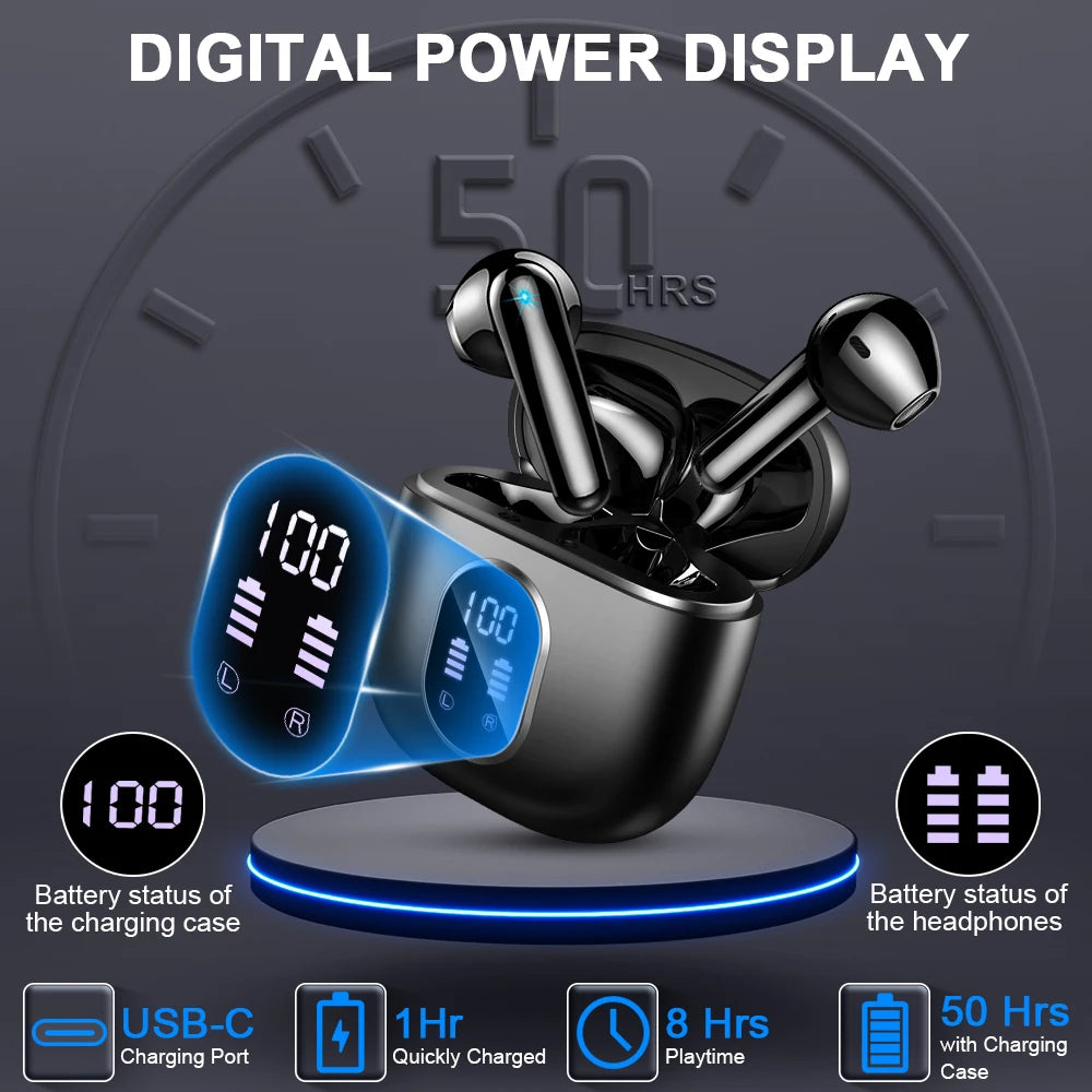 Wireless Earbuds, Bluetooth 5.3 Headphones in Ear with ENC Mic, 50H Playtime LED Display Wireless Earphones.