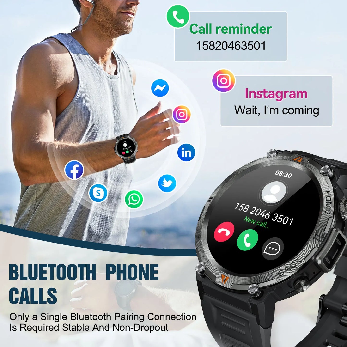LaNikar KE3 Black Bluetooth Call Smart Watch Men Full Touch Screen Health Monitor With Flashlight Men SmartWatch For ios Androi