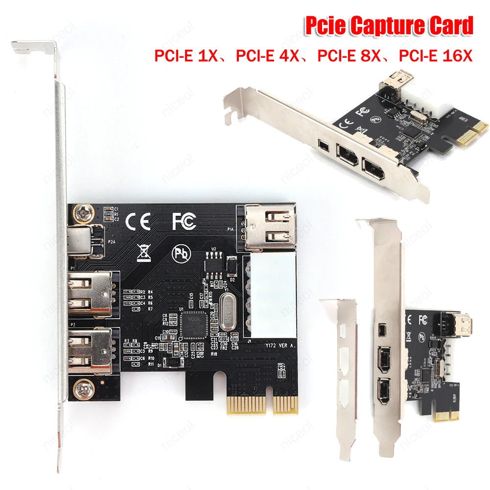 PCI-E 1X to 16X 1394 DV Video Capture Card with 6 Pin to 4 Pin Firewire Adapter 3 Ports Free Driver Desktop Computer Accessory