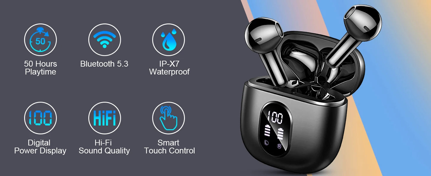 Wireless Earbuds, Bluetooth 5.3 Headphones in Ear with ENC Mic, 50H Playtime LED Display Wireless Earphones.