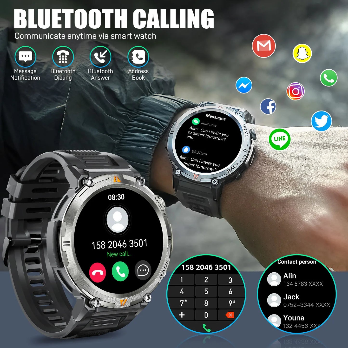 LaNikar KE3 Black Bluetooth Call Smart Watch Men Full Touch Screen Health Monitor With Flashlight Men SmartWatch For ios Androi