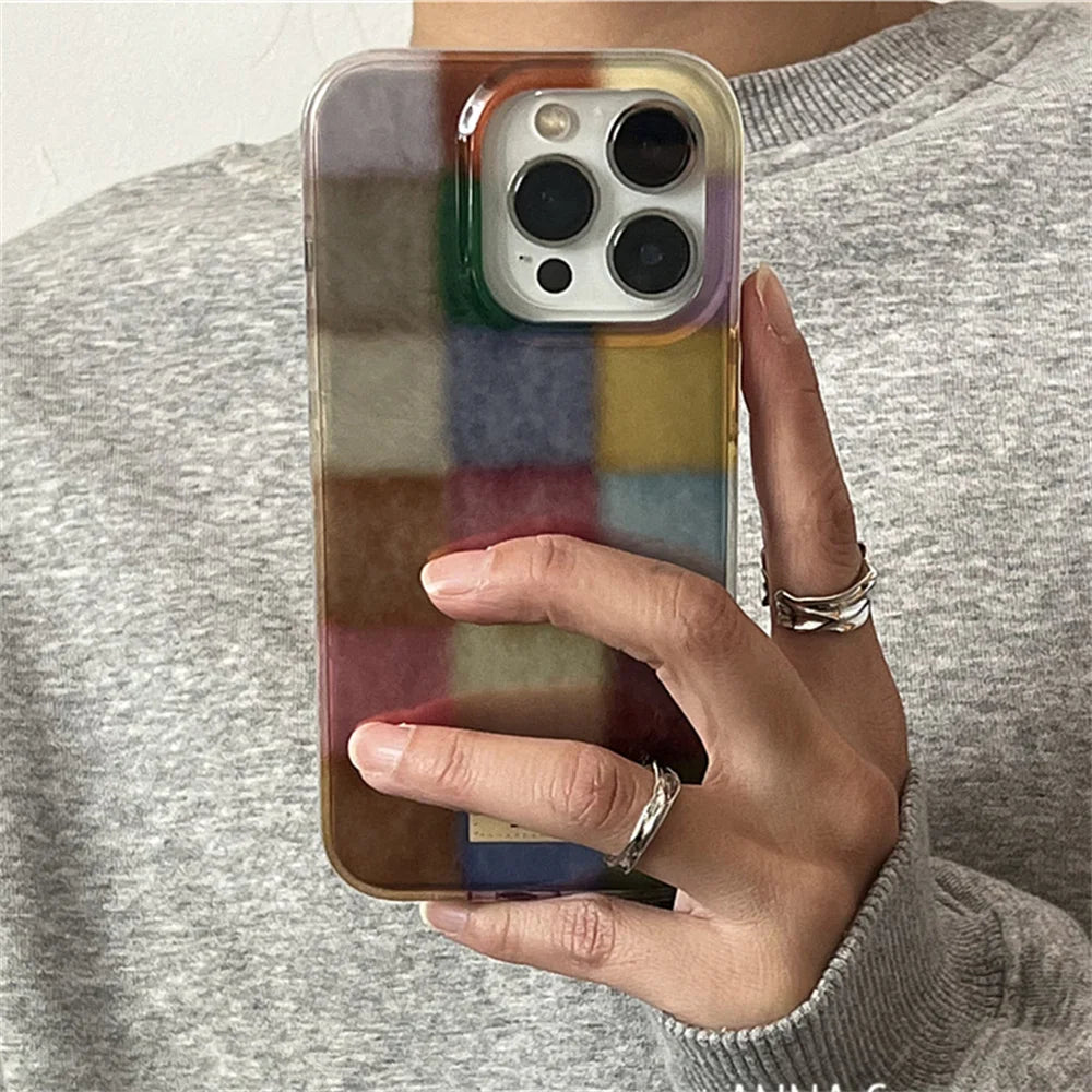 Ins Cute Dopamine Color Block Match Plaid Phone Case for Xiaomi Redmi Note 13 12 12s 11 10 9 9s 8 7 Pro Plus 4G 5G Feather Cover
