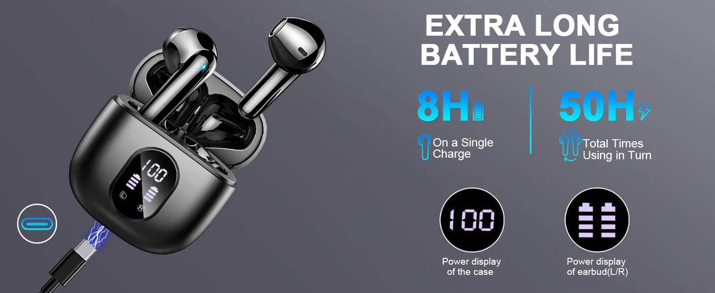 Wireless Earbuds, Bluetooth 5.3 Headphones in Ear with ENC Mic, 50H Playtime LED Display Wireless Earphones.