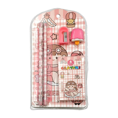 [GD] Stationery set with 2 wooden pencils, a ruler, a sharpener, a box with 6 mini crayons and a mini eraser with