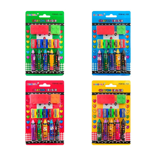 [GD] Blister pack with Crayola-shaped erasers and blocks + 5 pencil sharpeners / crayon eraser / xiaomili / 1523
