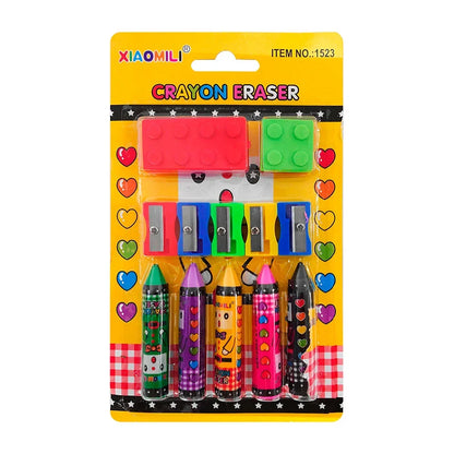 [GD] Blister pack with Crayola-shaped erasers and blocks + 5 pencil sharpeners / crayon eraser / xiaomili / 1523