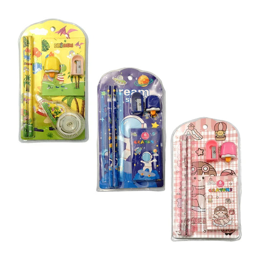 [GD] Stationery set with 2 wooden pencils, a ruler, a sharpener, a box with 6 mini crayons and a mini eraser with
