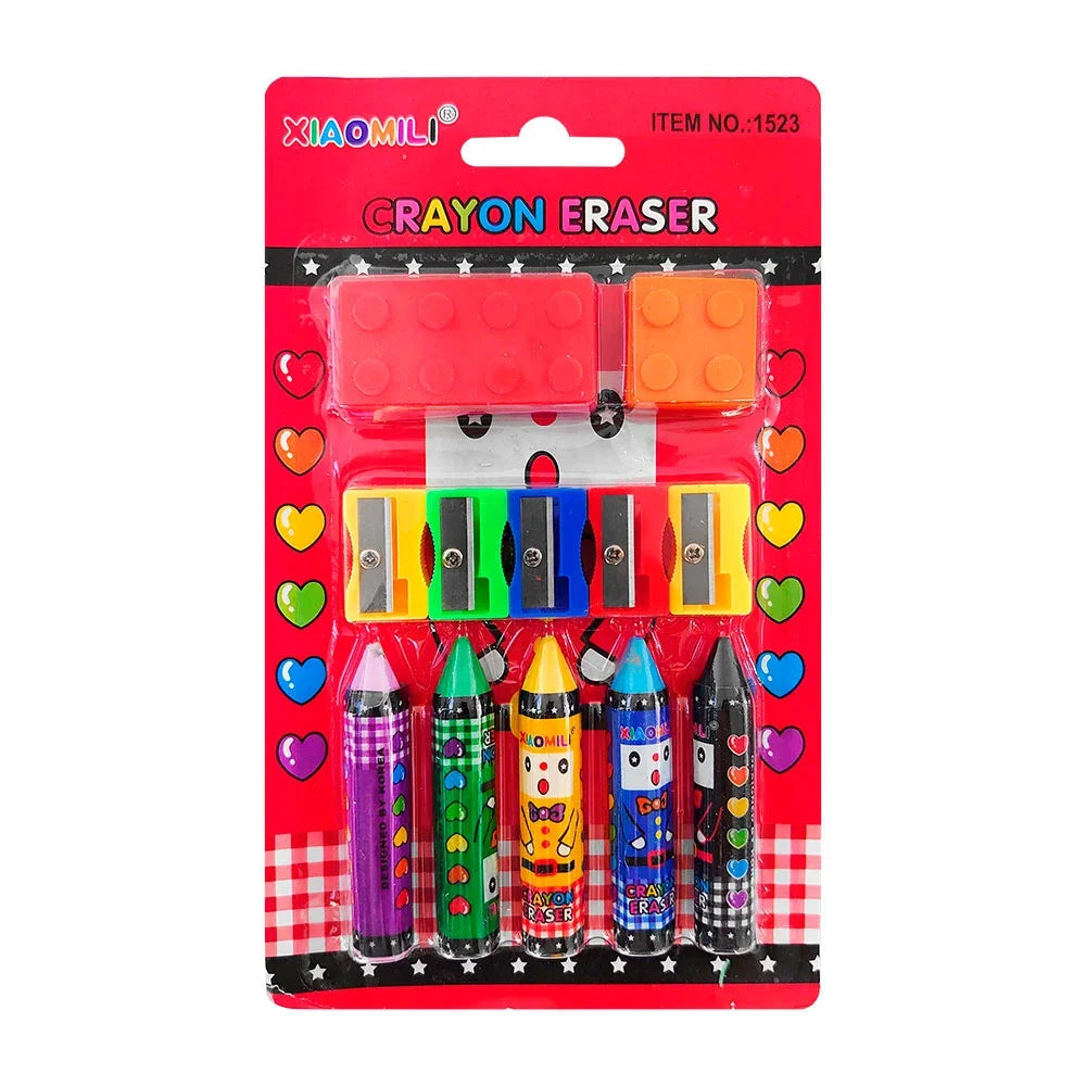 [GD] Blister pack with Crayola-shaped erasers and blocks + 5 pencil sharpeners / crayon eraser / xiaomili / 1523