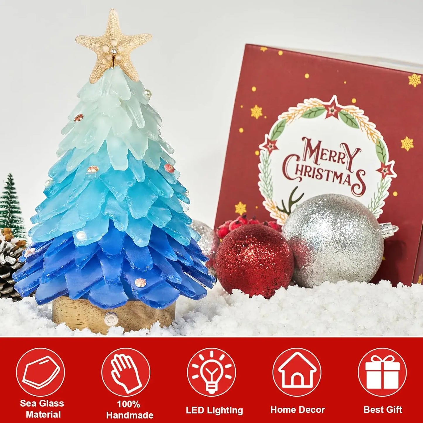 Handcrafted Mini Sea Glass Christmas Tree with LED Lights Small Sea Glass Tree for Christmas Party Table Decoration Ornament