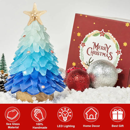 Handcrafted Mini Sea Glass Christmas Tree with LED Lights Small Sea Glass Tree for Christmas Party Table Decoration Ornament