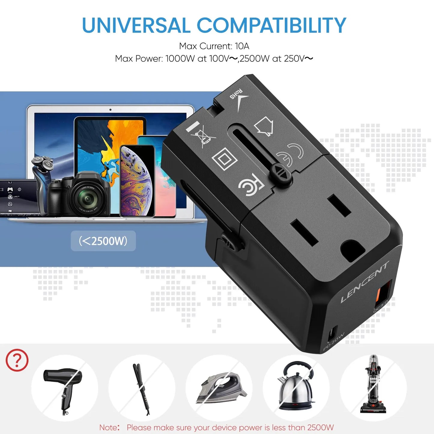 LENCENT Universal Travel Adapter with 1 AC Outlet 1 USB QC 3.0 Port and 1 PD 20W Fast Charger Power Adapter for US EU UK AUS