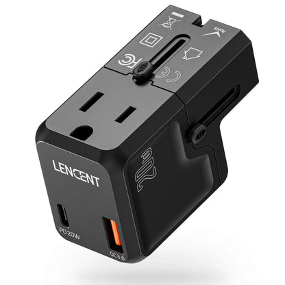 LENCENT Universal Travel Adapter with 1 AC Outlet 1 USB QC 3.0 Port and 1 PD 20W Fast Charger Power Adapter for US EU UK AUS