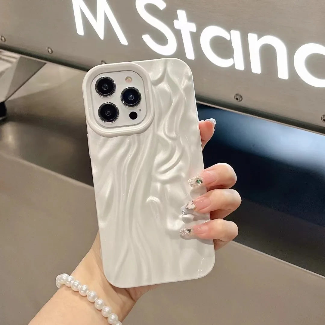 Water Ripple Pearl White Wrinkle TPU Soft Cover Case For iPhone 16 15 14 13 12 11 Pro Max Shockproof Protective Phone Case
