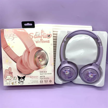 Sanrio Bluetooth Headphones Kids Kuromi Hello Kitty Earphones Computer Cell Phone Music Stereo Wireless Bluetooth Headset