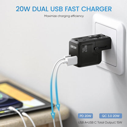 LENCENT Universal Travel Adapter with 1 AC Outlet 1 USB QC 3.0 Port and 1 PD 20W Fast Charger Power Adapter for US EU UK AUS