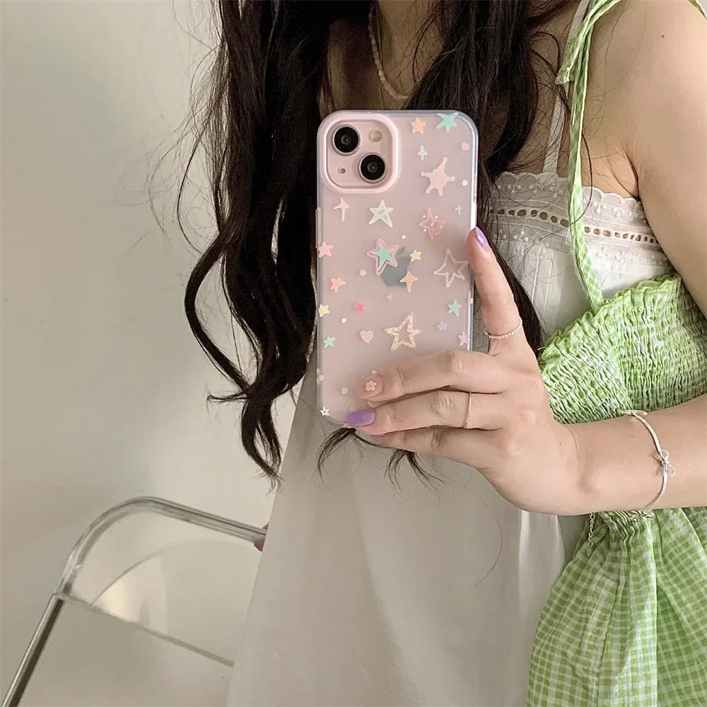 Gradient Bling Glitter star Pattern Laser Clear Phone Case For iPhone 15 14 13 12 Pro Max Silicone Shockproof soft  Back Cover