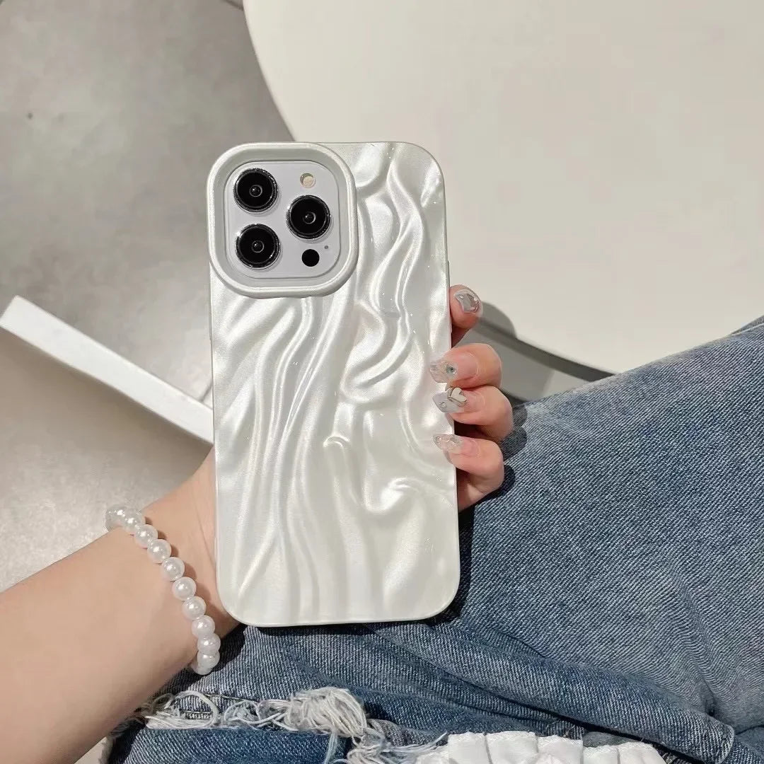 Water Ripple Pearl White Wrinkle TPU Soft Cover Case For iPhone 16 15 14 13 12 11 Pro Max Shockproof Protective Phone Case