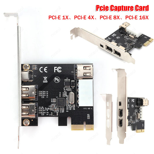 PCI-E 1X to 16X 1394 DV Video Capture Card with 6 Pin to 4 Pin Firewire Adapter 3 Ports Free Driver Desktop Computer Accessory