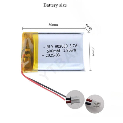 3.7V 500mAh 902030 Polymer Lithium Battery Rechargeable for Consumer electronics toys LED Lights Bluetooth Speakers ph2.0 plug