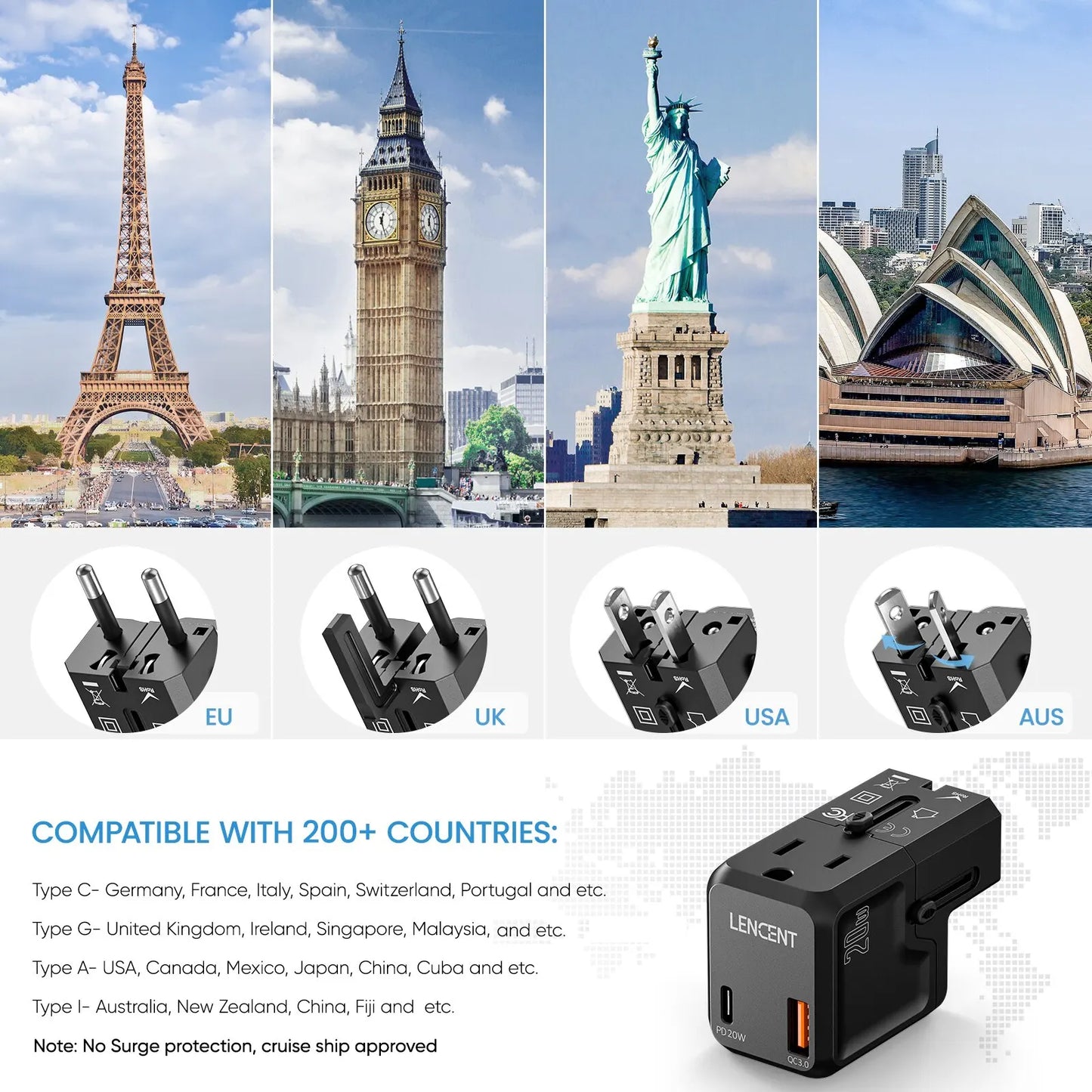 LENCENT Universal Travel Adapter with 1 AC Outlet 1 USB QC 3.0 Port and 1 PD 20W Fast Charger Power Adapter for US EU UK AUS