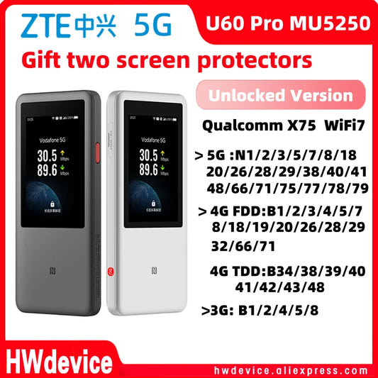 New ZTE U60 Pro MU5250 5G Pocket WIFI Router 5G-A Qualcomm Snapdragon X75 WiFi7 Ulocked Support Lock Band