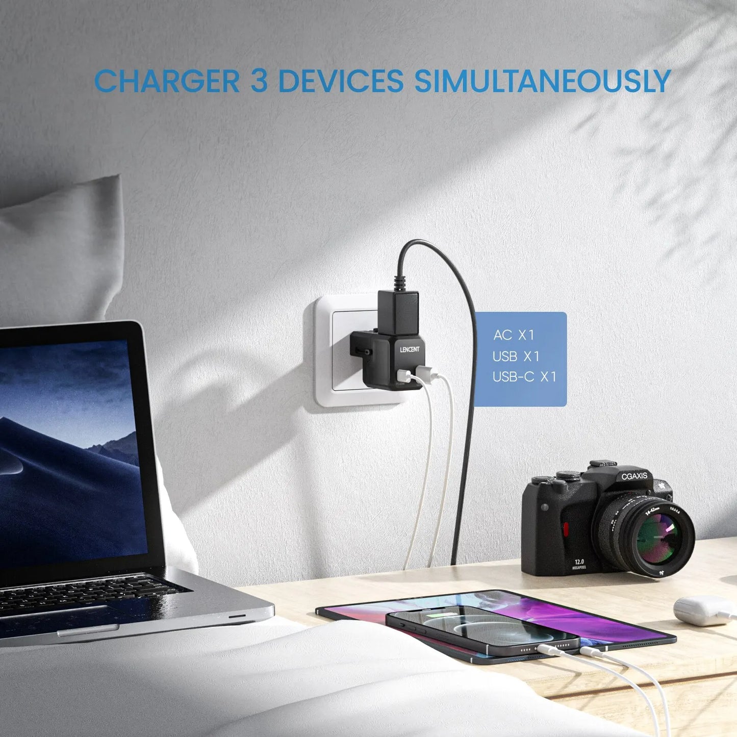 LENCENT Universal Travel Adapter with 1 AC Outlet 1 USB QC 3.0 Port and 1 PD 20W Fast Charger Power Adapter for US EU UK AUS