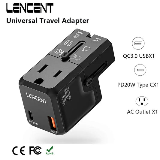 LENCENT Universal Travel Adapter with 1 AC Outlet 1 USB QC 3.0 Port and 1 PD 20W Fast Charger Power Adapter for US EU UK AUS