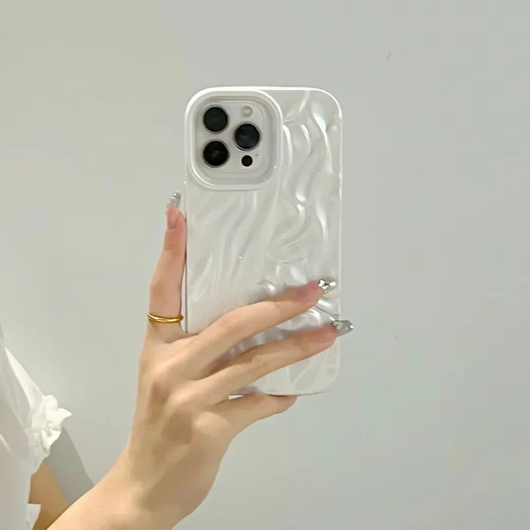 Water Ripple Pearl White Wrinkle TPU Soft Cover Case For iPhone 16 15 14 13 12 11 Pro Max Shockproof Protective Phone Case